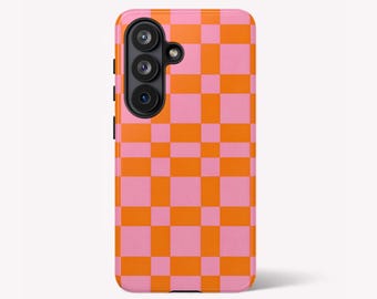 Pink Orange Checkered PhoneCase: Retro Checkerboard Magnetic Samsung Galaxy S26 S25 S24 S23 S22 S21 S20 FE Ultra Samsung Z Flip 8 Cover Gift