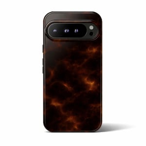 May include: A brown and orange patterned phone case with a camera cutout. The case has a glossy finish and a dark, swirling design. The case is designed to fit a smartphone.