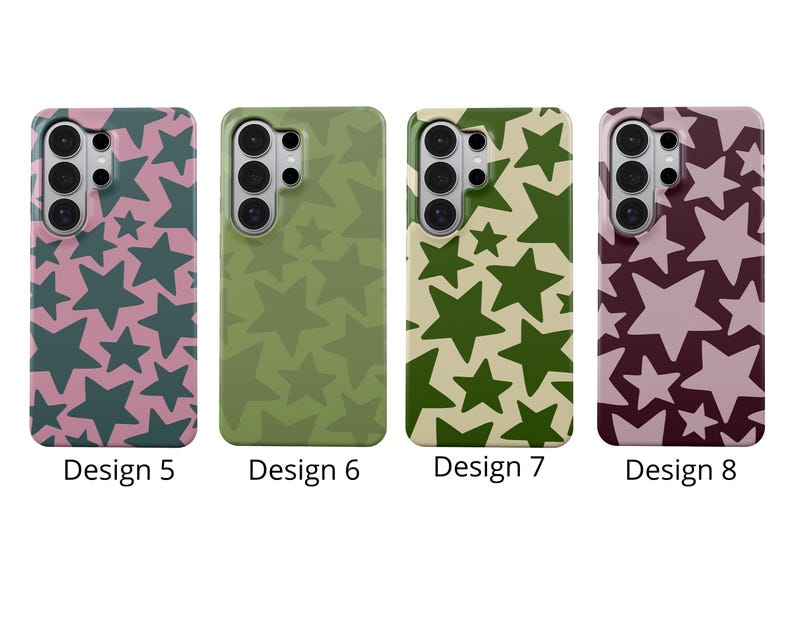 K&ouml;nnte beinhalten: Vier Handyh&uuml;llen mit Sternmustern. Design 5 ist rosa mit dunkelgr&uuml;nen Sternen. Design 6 ist olivgr&uuml;n mit hellgr&uuml;nen Sternen. Design 7 ist beige mit dunkelgr&uuml;nen Sternen. Design 8 ist bordeauxfarben mit hellrosa Sternen.
