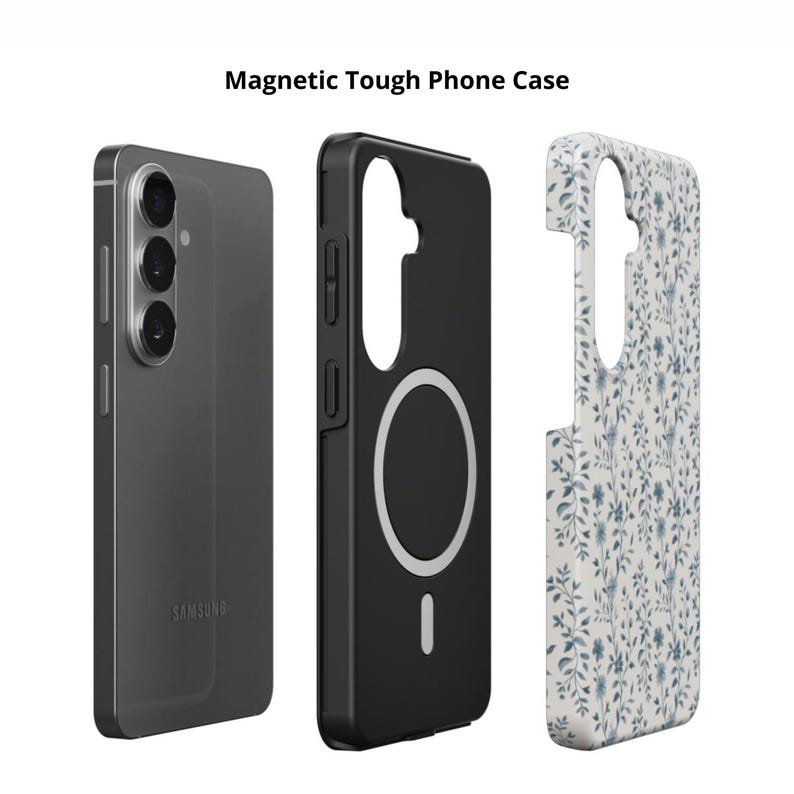 May include: A black magnetic phone case with a white circular design and a floral patterned case. The phone is a dark gray color. The text "Magnetic Tough Phone Case" is at the top of the image.