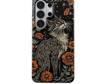 Könnte beinhalten: Eine schwarze Smartphone-Hülle mit einer detaillierten Illustration einer langhaarigen Katze, die nach oben blickt, umgeben von orangefarbenen Blumen und Blättern auf dunklem Grund mit kleinen Sternen. Der Text MOONCODES steht unter der Hülle.