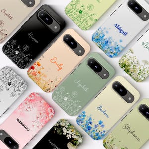 Personligt blommigt Google Pixel 10 9 8 7 ProXL Magnetiskt skal med vildblomma och namn, present till henne, elegant botanisk Pixel 9A 8A 7A 6A