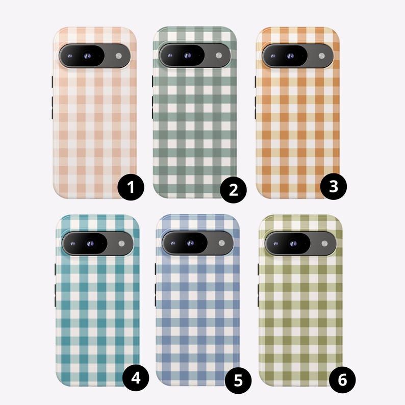 May include: Six smartphone cases arranged in two rows, each featuring a distinct gingham check pattern in pastel peach, sage green, mustard yellow, teal, periwinkle blue, and olive green. Each case has a black horizontal camera module.