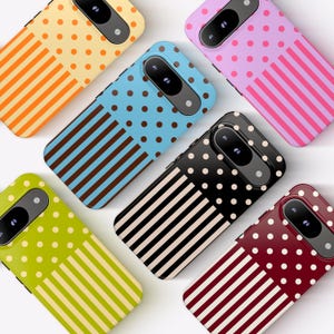 May include: Six smartphone cases arranged in a circular pattern, each featuring a dual-tone design with a polka dot pattern on the top half and vertical stripes on the bottom half. The cases come in orange, light blue, pink, lime green, black, and maroon.