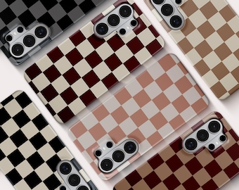 Checkered Samsung Galaxy Phone Case, Neutral Colors Cover, Custom Elegant Checkerboard Pattern, Minimalist Grid Design, Gift For Him/Her