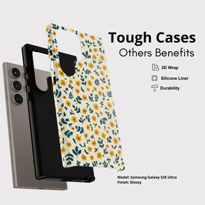May include: A phone case with a floral pattern in yellow and teal on an off-white background. The case is shown with a black inner case and a silver phone. Text on the image reads "Tough Cases" and "Others Benefits".