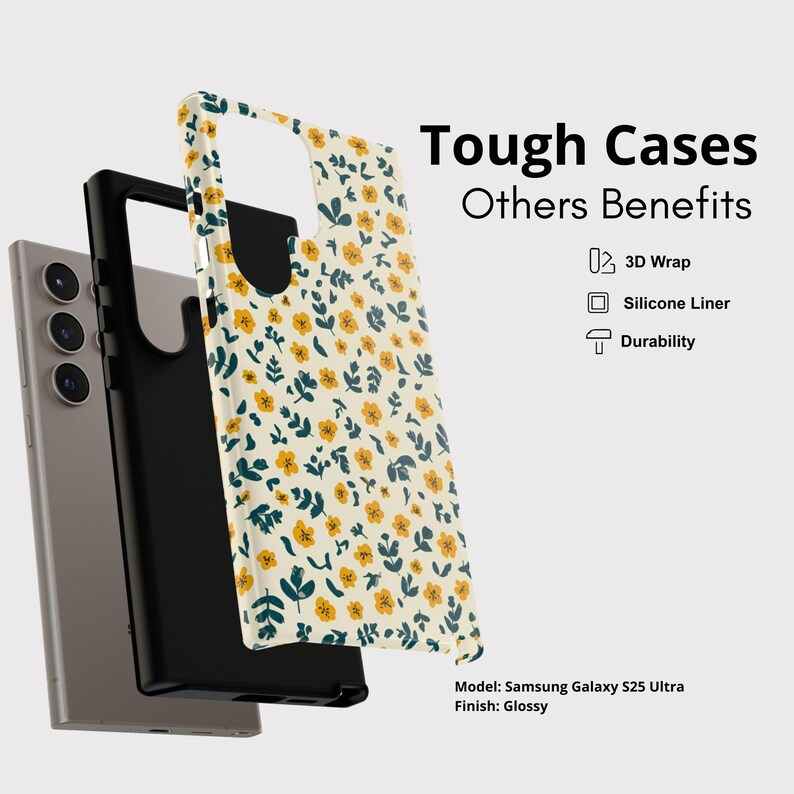 May include: A phone case with a floral pattern in yellow and teal on an off-white background. The case is shown with a black inner case and a silver phone. Text on the image reads "Tough Cases" and "Others Benefits".