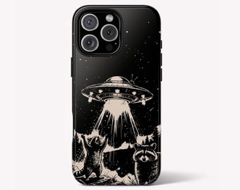 Funny Black Raccoon Alien Phone Case - UFO Raccoon Iphone Case 17 16 15 14 13 12 11  Cute Raccoon Cover  SciFi Gift For Space Lovers Samsung