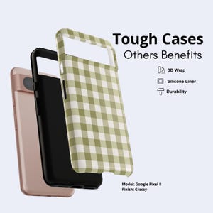 May include: A Google Pixel 8 phone case with a glossy finish and a light green and white gingham pattern. The case features a black silicone liner and 3D wrap design. Text on the image reads Tough Cases, Others Benefits, 3D Wrap, Silicone Liner, Durability.