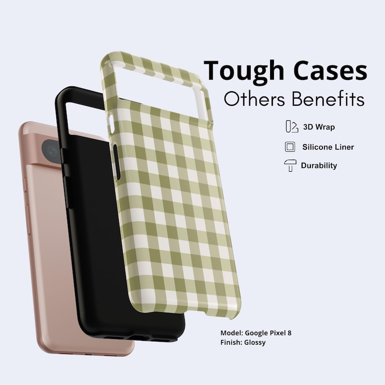 May include: A Google Pixel 8 phone case with a glossy finish and a light green and white gingham pattern. The case features a black silicone liner and 3D wrap design. Text on the image reads Tough Cases, Others Benefits, 3D Wrap, Silicone Liner, Durability.