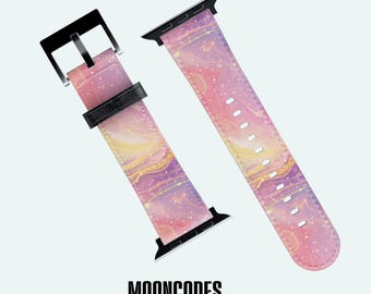 Pastel Marble Apple Watch Band Women, Pink Vegan Leather iWatch Strap Fits Series 11 10 9 8 SE Ultra 38mm-49mm, Universe Colorful Band Gift