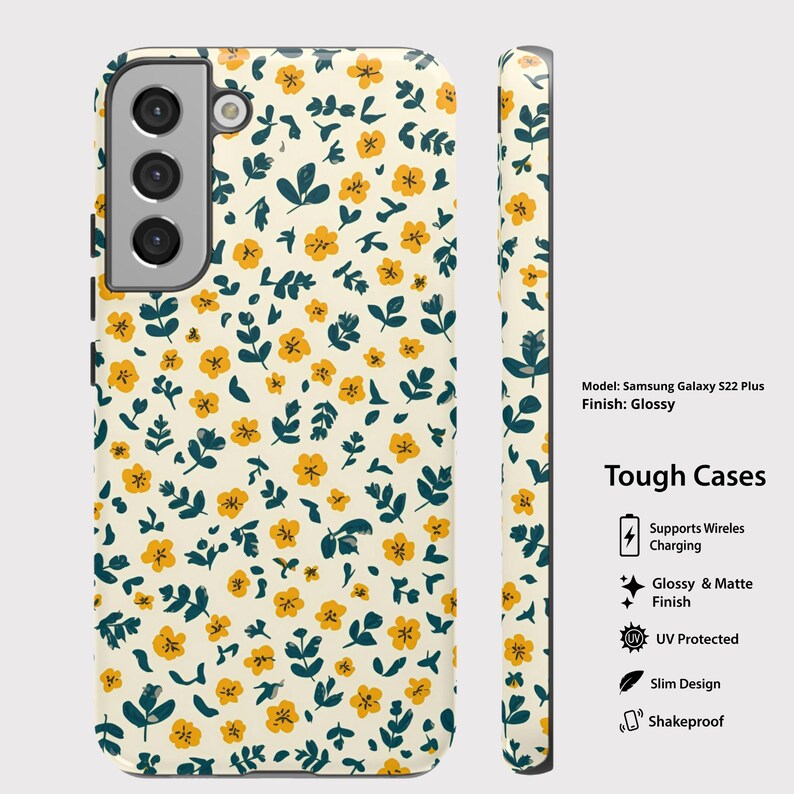 May include: A phone case for a Samsung Galaxy S22 Plus with a glossy finish. The case features a cream-colored background with a pattern of yellow flowers and dark green leaves. The side view of the case is also visible.