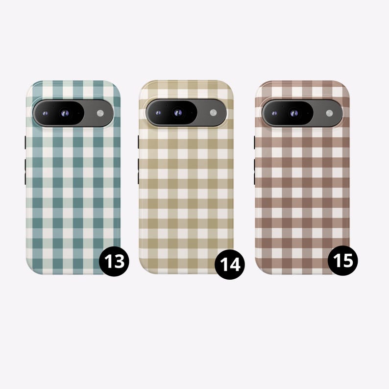 May include: Three smartphone cases featuring a gingham check pattern in teal, beige, and brown. Each case has a black horizontal camera bar at the top. The cases are labeled with the numbers 13, 14, and 15 in black circles at the bottom right.
