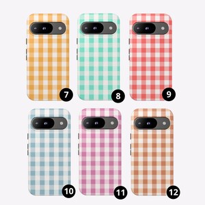 May include: Six smartphone cases featuring a white and colored gingham check pattern. The colors include yellow, mint green, red, light blue, pink, and tan. Each case has a black horizontal camera module at the top with two circular lenses.
