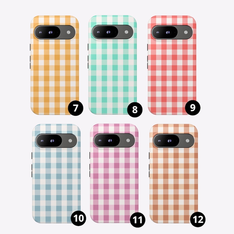 May include: Six smartphone cases featuring a white and colored gingham check pattern. The colors include yellow, mint green, red, light blue, pink, and tan. Each case has a black horizontal camera module at the top with two circular lenses.