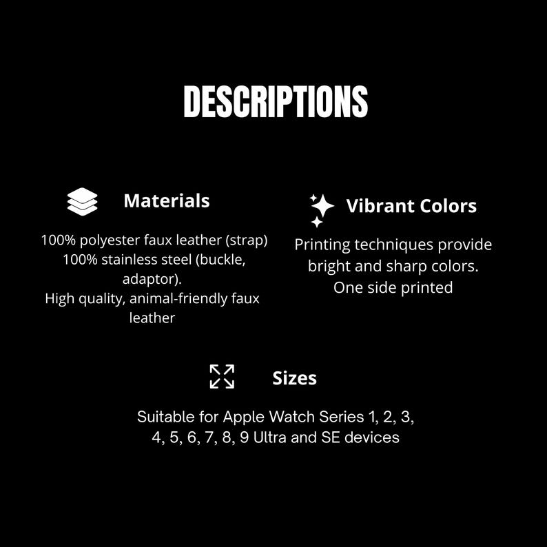 May include: A black graphic with white text detailing product descriptions. It lists materials like faux leather and stainless steel, and highlights vibrant colours from printing. It also states compatibility with Apple Watch Series 1-9 and SE devices.