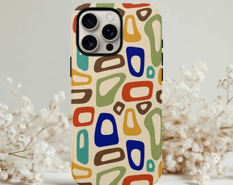 カラフルな幾何学模様のカバー iPhone 17 16e 15 Magsafe ProMax、美的アートデザインのSamsung Galaxy S26用スマホケース、ヴィンテージ風の芸術的なギフト