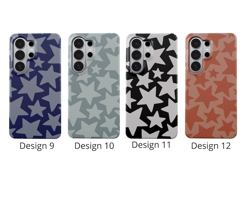 K&ouml;nnte beinhalten: Vier Handyh&uuml;llen mit Sternmustern. Designs umfassen Marineblau, Grau, Schwarzwei&szlig; und Rotbraun. Jede H&uuml;lle hat oben ein Kameramodul. Die Designs sind mit Design 9, 10, 11 und 12 beschriftet.