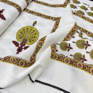 Antique Style 100% Linen Panel Print Fabric – Ornamental Yellow Geometric Motifs (150 cm or 1.64 yards or 57 inches wide)