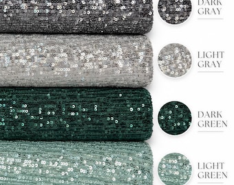 Tejido elástico en 4 direcciones, con lentejuelas brillantes / 55 pulgadas de ancho, variaciones en gris y verde.