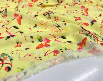 Yellow Music Note Chiffon Fabric – Lightweight Sheer Soft Material | 150 cm Width