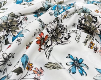 White Blue Floral Cotton Viscose Fabric – Soft Lightweight Material  | 150 cm Width
