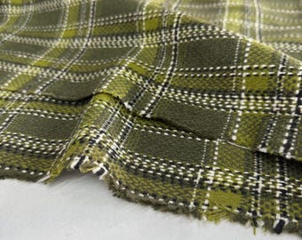 Olive Green, White Plaid Wool Tweed Fabric, Cotton Wool Blend, Checked Tweed for Jackets, Blazers, Coats, Suits & Skirts