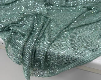 Lentejuelas verde claro, tejido brillante elástico en cuatro direcciones / 55 pulgadas de ancho, vestido de fiesta de graduación