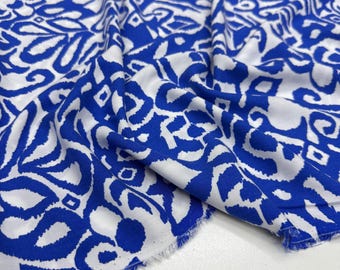 Blue Cotton Viscose Fabric – Soft Drapey Material with Artistic Ikat Pattern | 150 cm Width