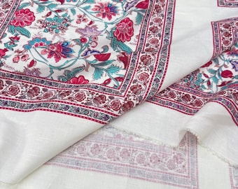 Authentieke roze bloemenpaneelprint 100% linnen – boho natuurlijk vlas, 150 cm breed