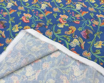 Blue Linen Fabric – Marigold & Parrot Print 100% Natural Flax Material | 150 cm Width