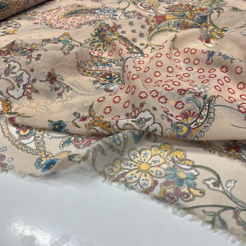 Blush Pink Floral Chiffon Fabric – Lightweight Sheer Soft Material  | 150 cm Width
