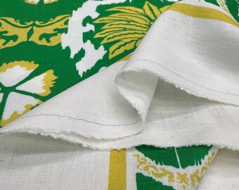 Green Yellow Floral 100% Linen Fabric – Natural Textured Material for Dresses | 150 cm Width