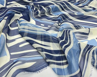 Tela de gasa de diseño azul océano – Material ligero, transparente y suave / 150 cm de ancho