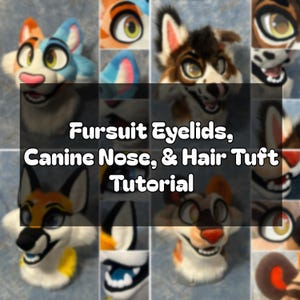 May include: A tutorial image featuring various fursuit head components, including eyelids, canine noses, and hair tufts. The image showcases a grid of different fursuit head designs, with text overlayed that reads "Fursuit Eyelids, Canine Nose, & Hair Tuft Tutorial."