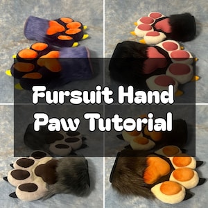May include: A collage of four images showcasing different fursuit hand paws. The paws vary in color, including purple, black, and grey, with orange, pink, and brown paw pads. The text "Fursuit Hand Paw Tutorial" is overlaid on the images.