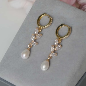 Freshwater Pearl Drop Earrings Necklace CZ Leaf Pearl Jewelry Set  Huggie Hoop Earrings Wedding Jewelry Set Bridal Earrings Gift For Her