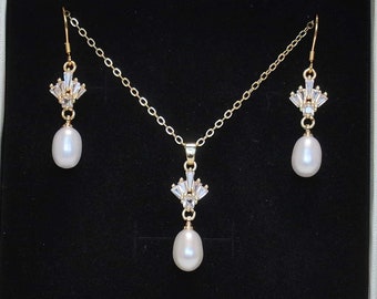 Freshwater Pearl Drop Earrings Necklace Wedding Jewelry Set Natural Pearl CZ Earrings Bridal Dangle Earrings Bridesmaids Gift For Her