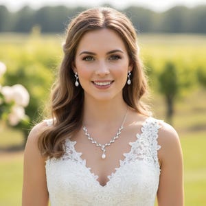 Freshwater Pearl Jewellery Set Dainty Pearl Drop Earrings Pearl Necklace CZ Leaf Bride Bridal Wedding Jewelry Gift For Her Bridesmaid 画像 4