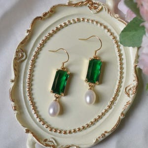 Emerald Pearl Earrings Natural Freshwater Pearl Dangle Earrings Bridal Bridesmaid Earrings Green Art Deco Wedding Jewelry Gift For Her