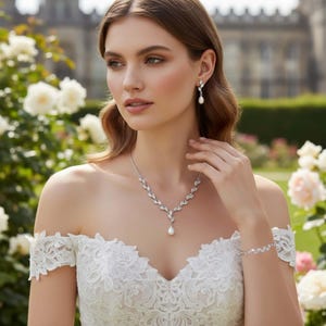Freshwater Pearl Jewellery Set Dainty Pearl Drop Earrings Pearl Necklace CZ Leaf Bride Bridal Wedding Jewelry Gift For Her Bridesmaid 画像 2