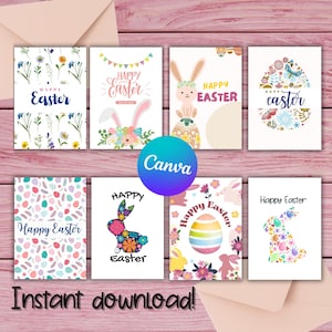Set van 8 digitale Happy Easter-kaarten, bewerkbare Canva-sjablonen, digitale download paaskaarten, minimalistische paaswenskaarten, DIY-kaart