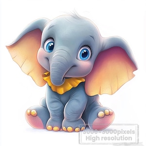 May include: A cute cartoon illustration of a baby elephant with large blue eyes, big ears, and a yellow ruffled collar. The elephant is sitting down with its legs crossed, and its skin is a light blue color. The image has a high resolution.