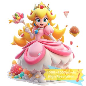 Princesa Peach PNG, 1 PNG + 1 SVG, imágenes de dibujos animados caprichosos, archivo PNG de diseño digital para sublimación, alta resolución, descarga instantánea