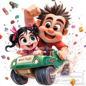 May include: A digital illustration of two animated characters from "Wreck-It Ralph" in a green race car. The car has the text "Wreck It Ralph" and "Ralph" on it. The characters are smiling and appear to be racing.