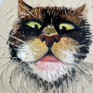 May include: A ceramic cat face with brown, black, and tan fur, and yellow eyes. The cat's nose is pink, and its mouth is open. The cat's face is surrounded by a light beige background with etched lines.