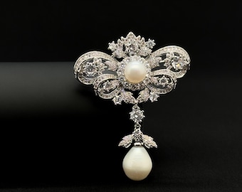 Vintage bow brooch, pearl pendant brooch