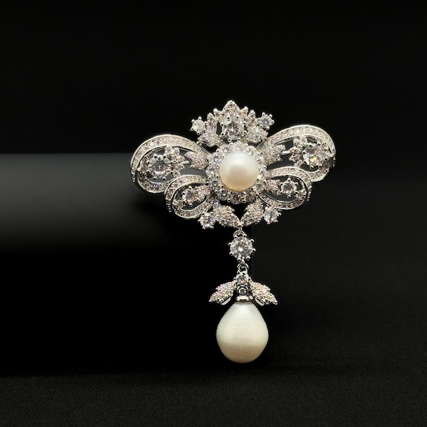 Vintage bow brooch, pearl pendant brooch