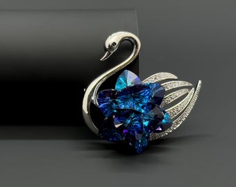 Blue crystal swan brooch, bird brooch, suit brooch, crystal brooch