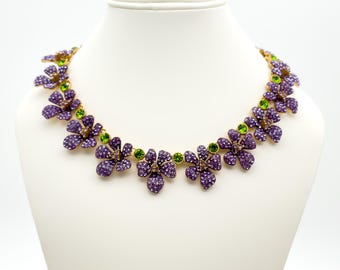 Parure di collana e orecchini vintage francesi con fiori viola, gioielli in stile pastorale, collana estiva, gioielli di design, regalo per lei